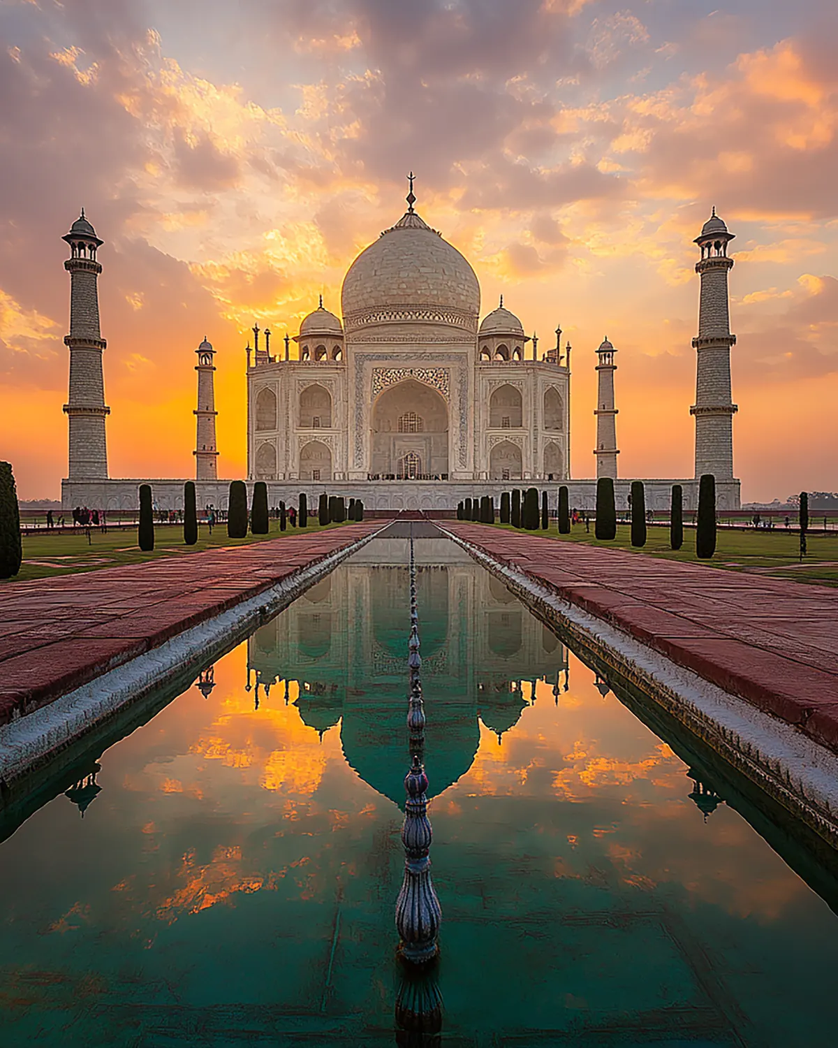 The Taj Mahal at sunrise, reflected in its long pool, Agra